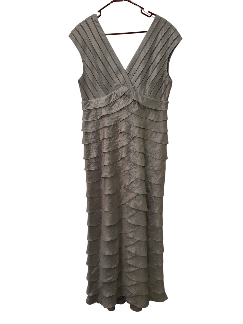 Adrianna Papell Silver Tiered V-Neck Evening Gown